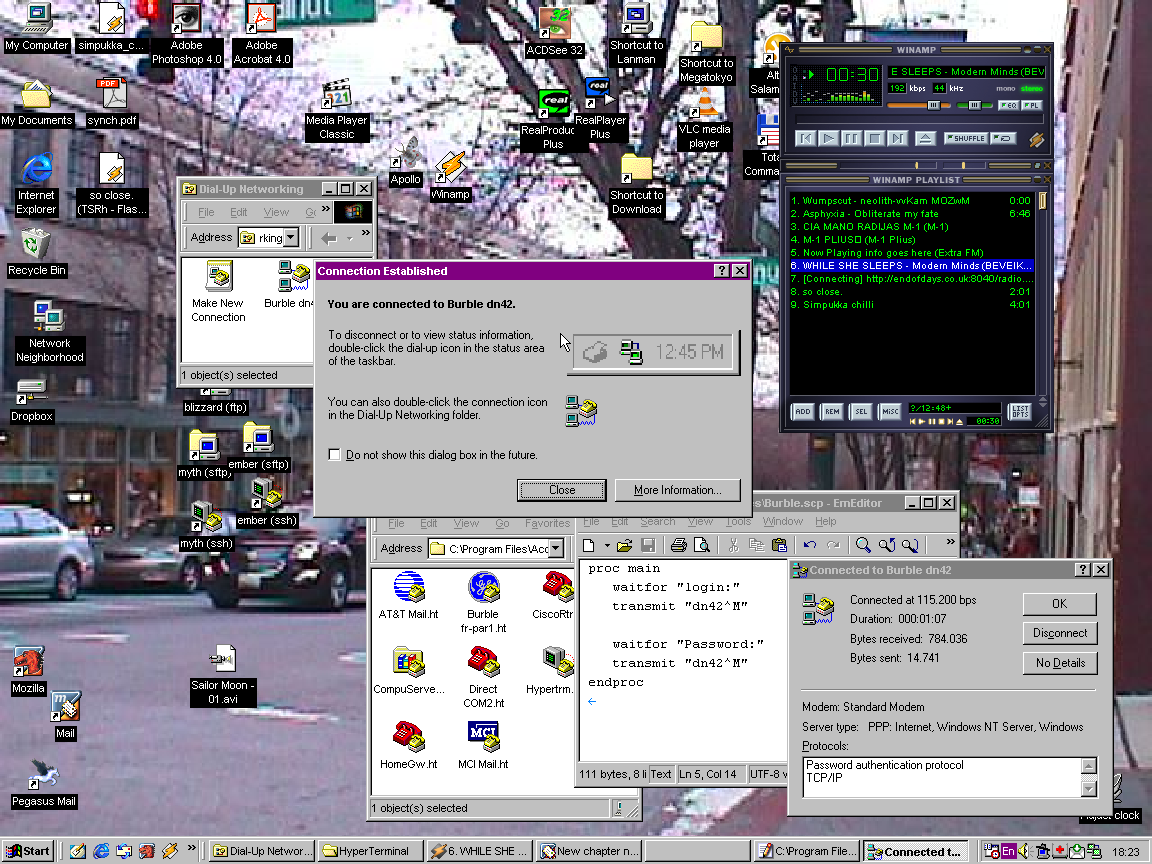 Screenshot of Win98 showing "Connection Established"